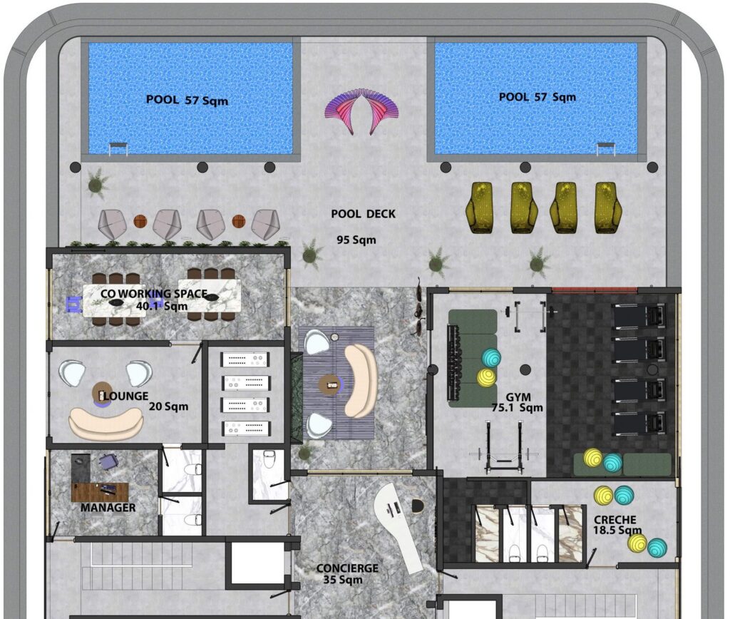 Amenity layout illustration showing pool, coworking, gym and concierge spaces at Brum Height 12 - The Galactic