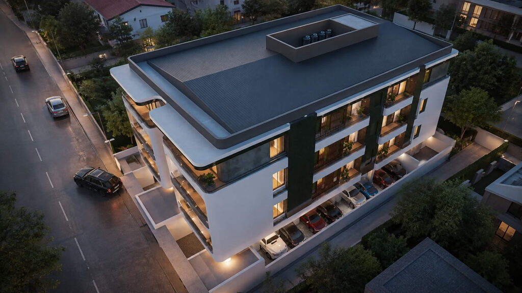 Brum Height 9: aerial evening rendering of the building and rooftop