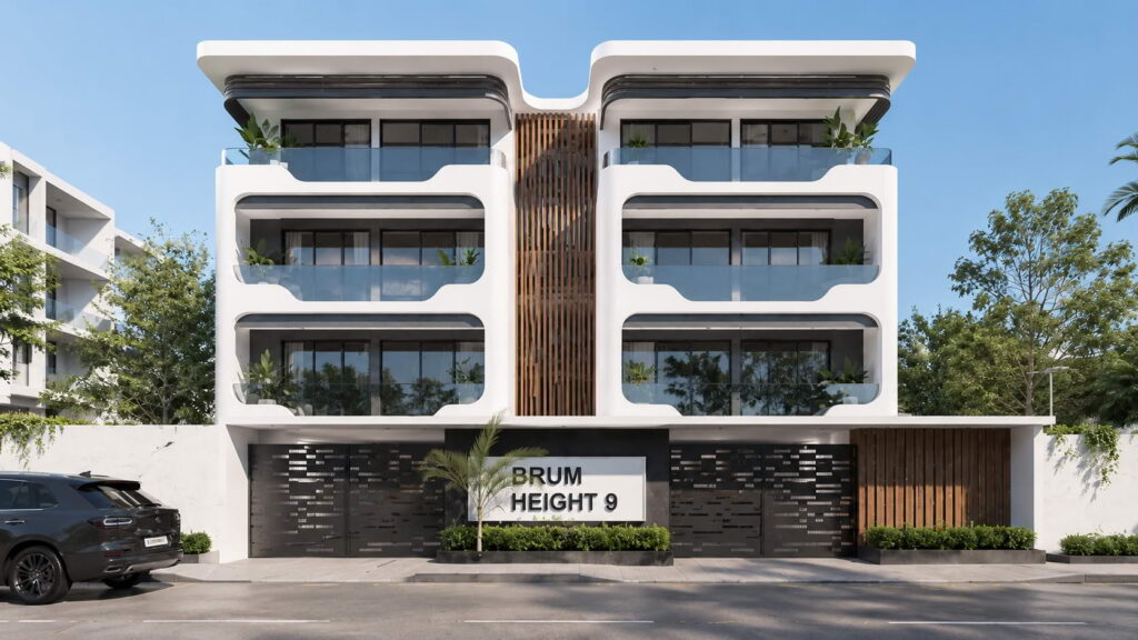 Brum Height 9: front rendering with stacked curved balconies and entrance