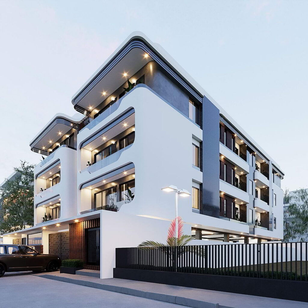 Brum Height 9: angled street view of the white facade and perimeter gate