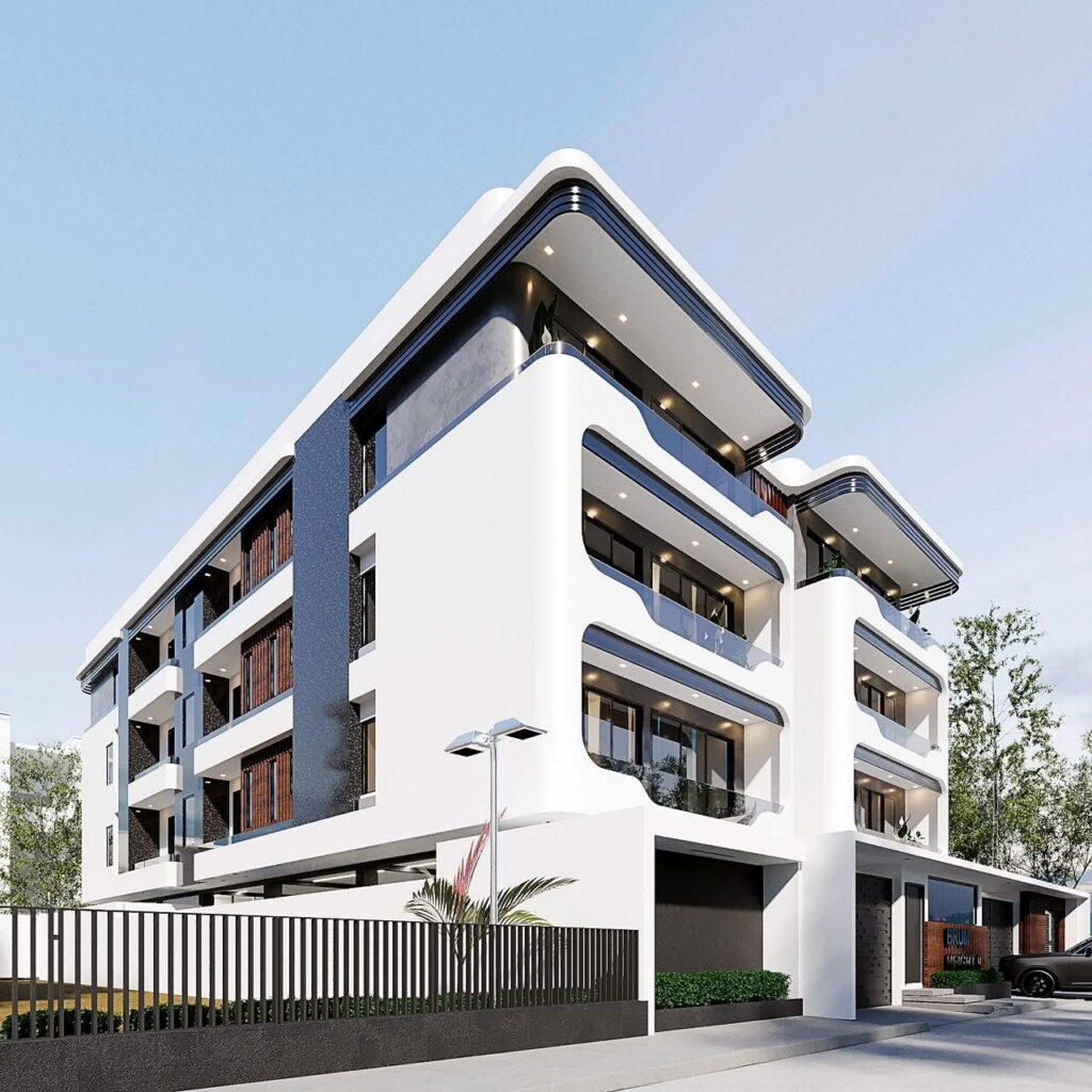 Brum Height 9: angled exterior rendering with projecting balconies