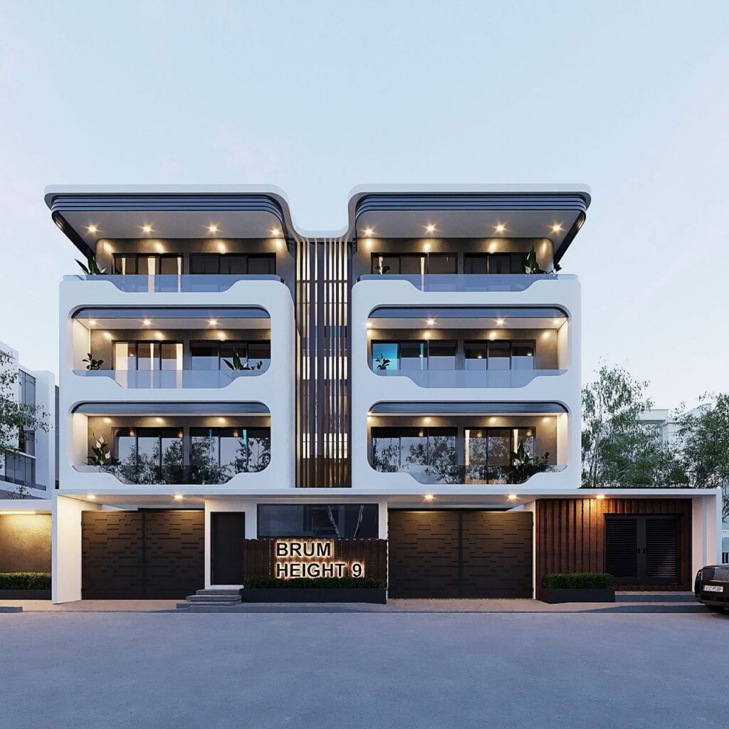 Brum Height 9: front view showing the ground-floor parking beneath the apartments