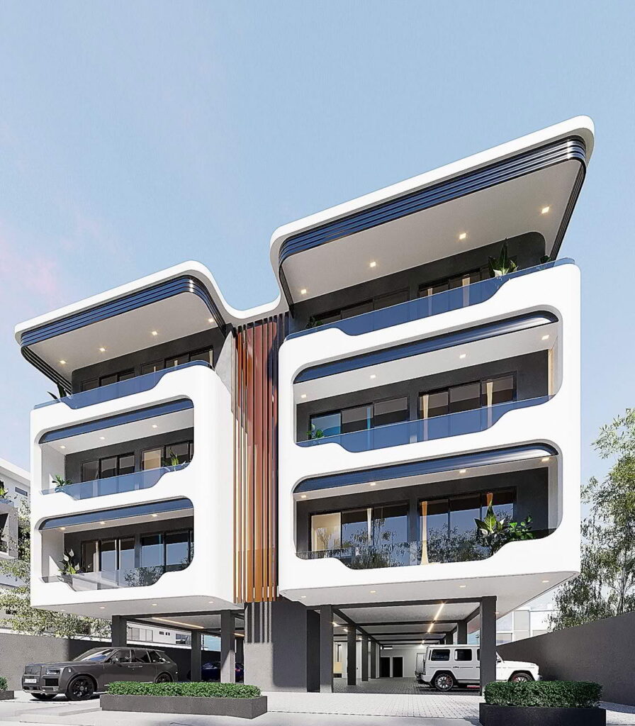 Brum Height 9: front facade with stacked balconies and landscaped entrance