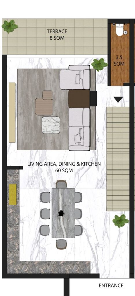 Duplicate lower living level layout for the Brum Height X two-bedroom maisonette